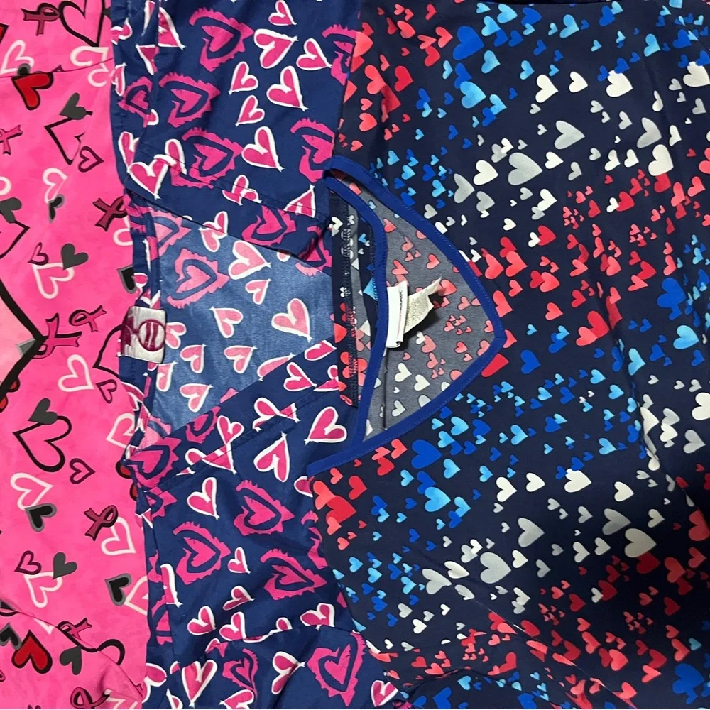 Heart Patterned Scrub Tops - Pink, Blue, set of 3 - Picture 2 of 14